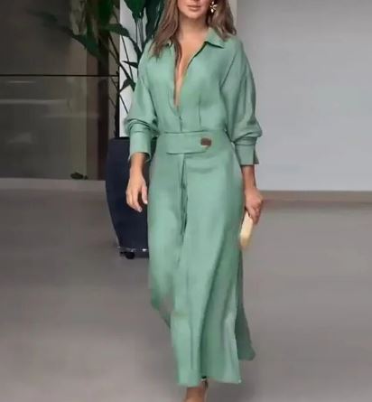 Amytist - Elegancka damska sukienka z długim rękawem i rozcięciem z boku