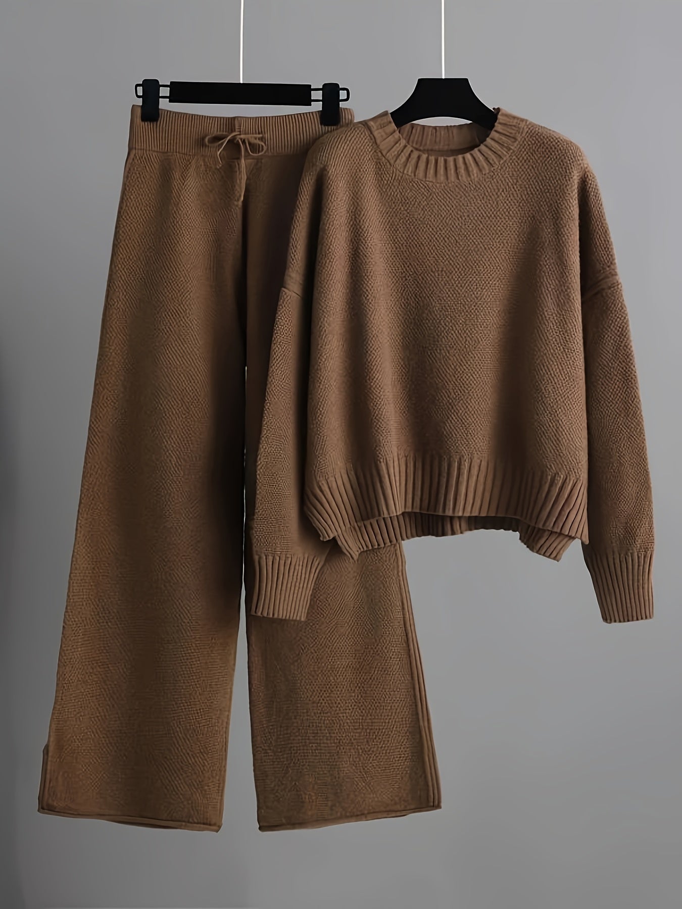 Dzianinowy zestaw damski Spodnie + Sweter | Drop Shoulder - Casual - Jednolite kolory - Sznurek w talii - Szerokie nogawki