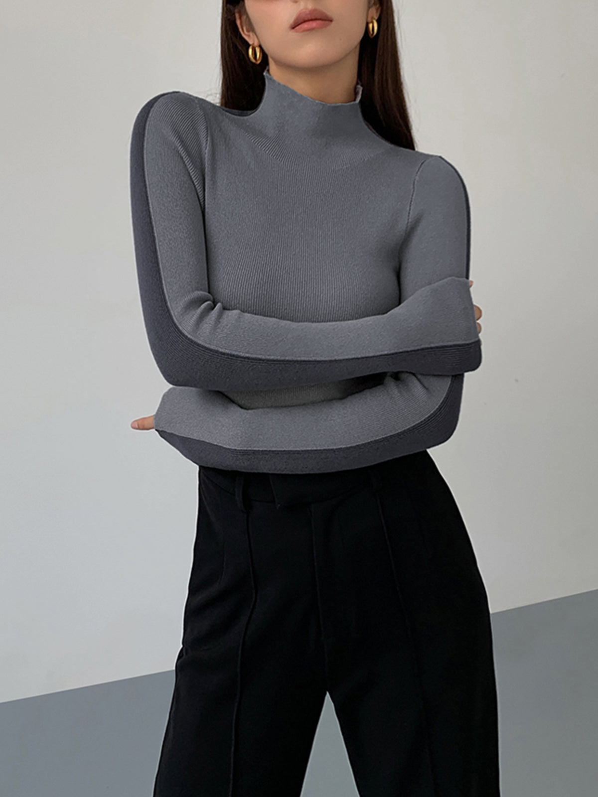 Sweter damski / sweter | Dwukolorowa dwustronna dzianina z długim rękawem