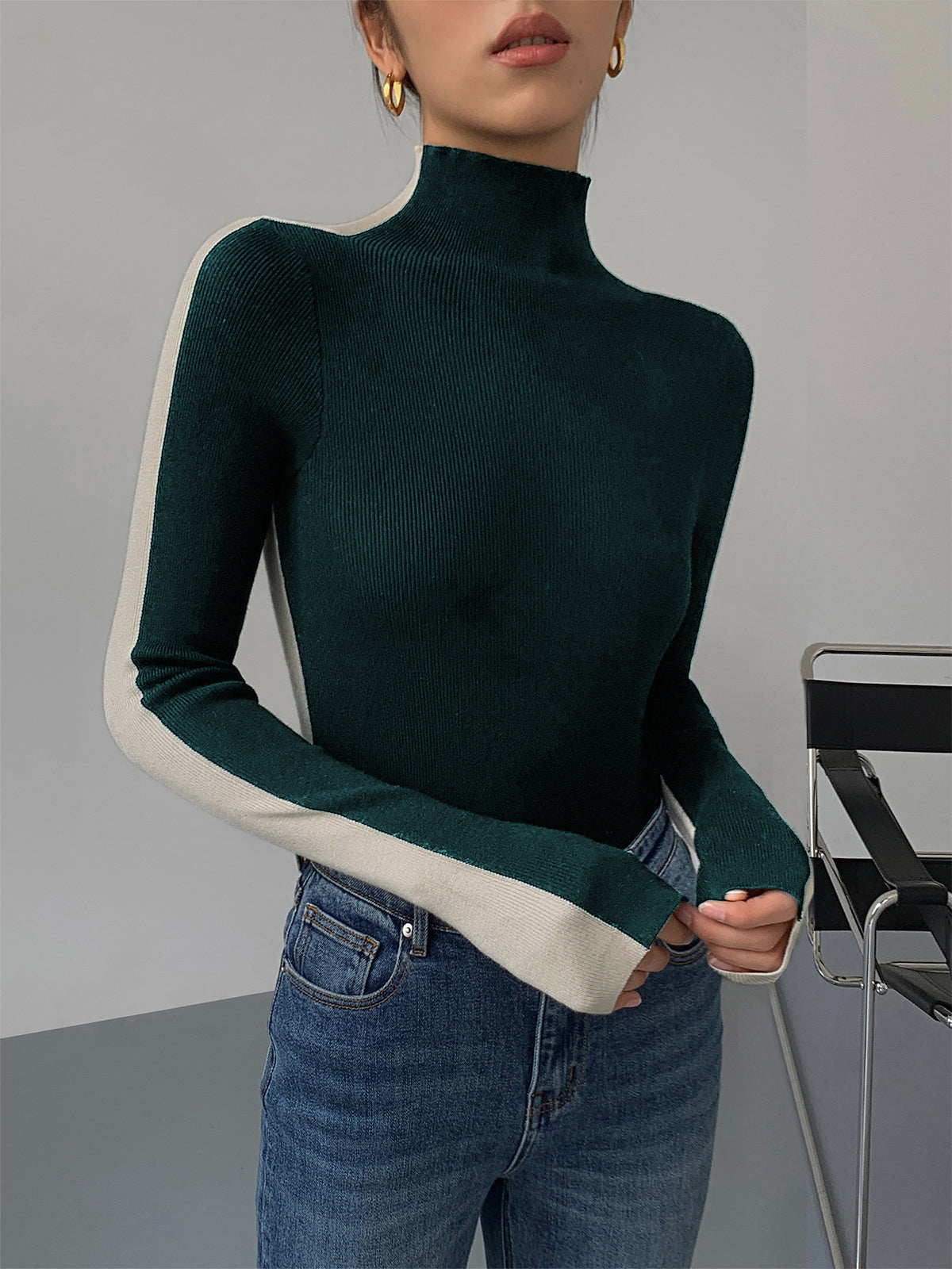 Sweter damski / sweter | Dwukolorowa dwustronna dzianina z długim rękawem
