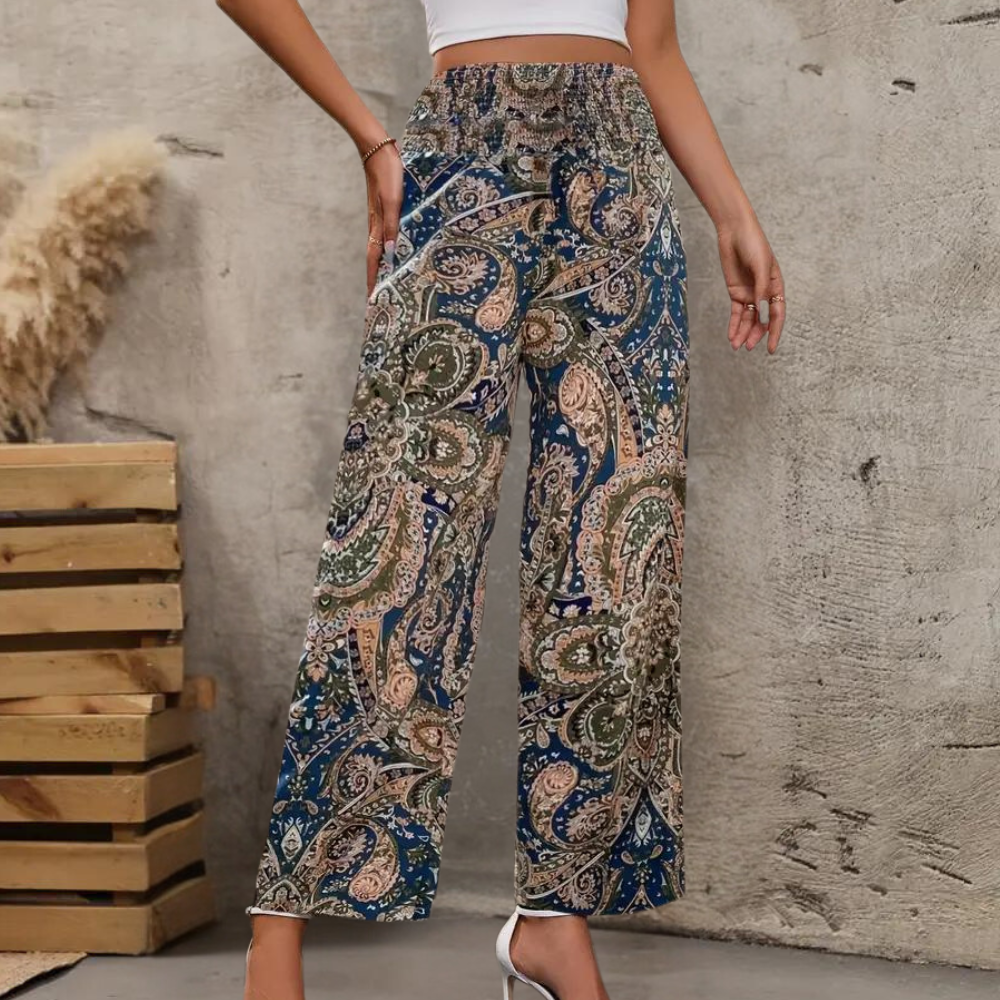 Reina - Szerokie spodnie damskie Boho z ukośnymi kieszeniami