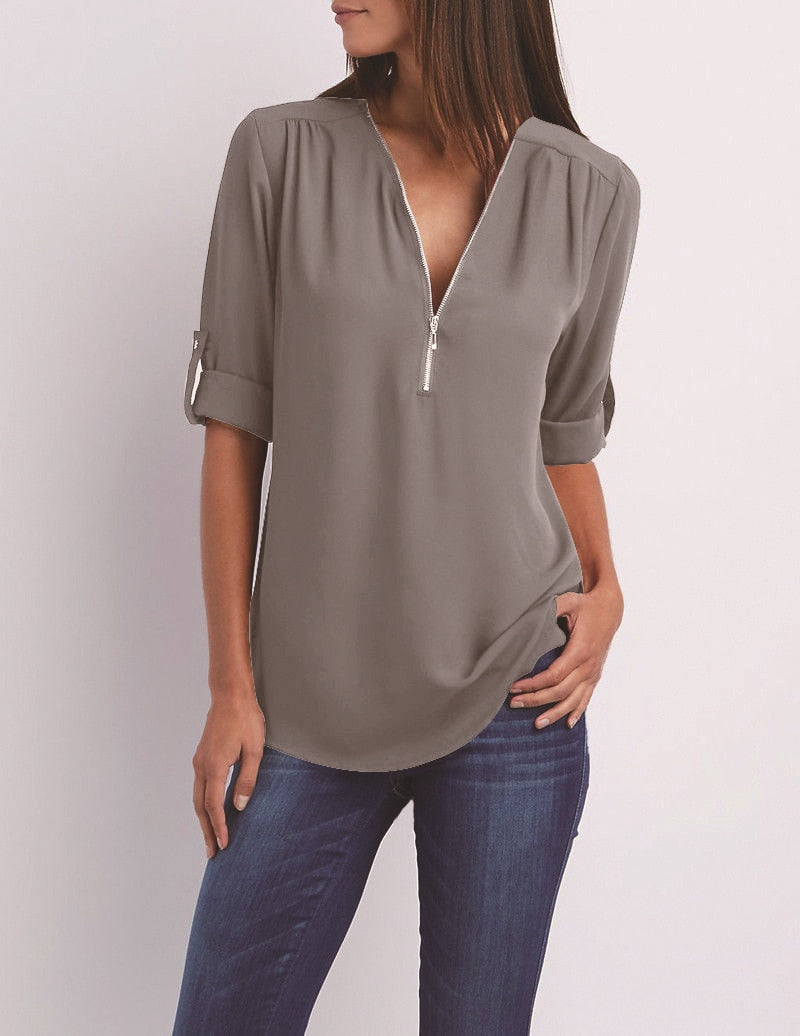 Plus size V-neck Zip Long Sleeve Shirt | Sexy Casual Bluzka dla kobiet