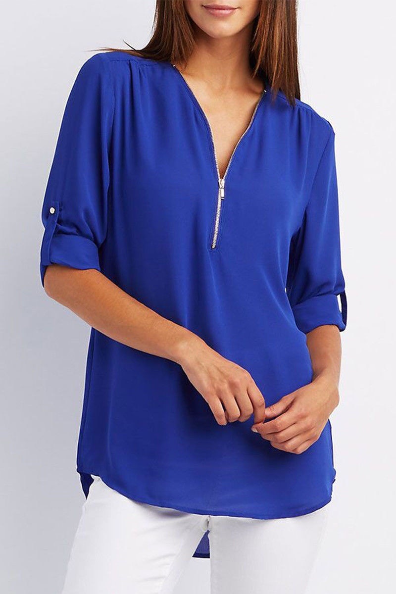 Plus size V-neck Zip Long Sleeve Shirt | Sexy Casual Bluzka dla kobiet