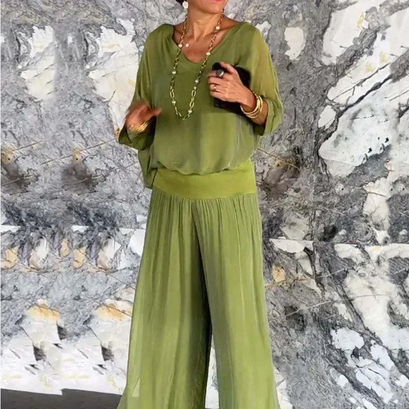 Elegancki szyfonowy top ze spodniami w dwuczęściowym zestawie