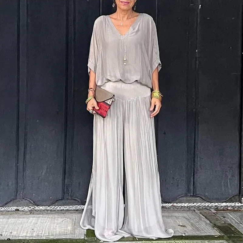 Elegancki szyfonowy top ze spodniami w dwuczęściowym zestawie
