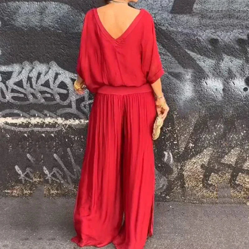 Elegancki szyfonowy top ze spodniami w dwuczęściowym zestawie