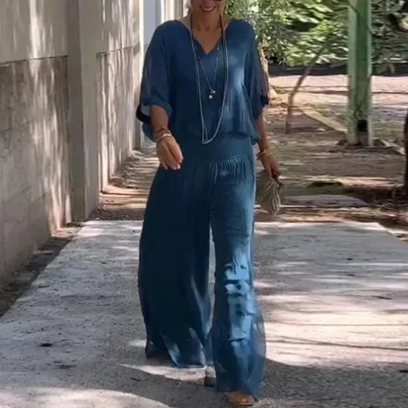 Elegancki szyfonowy top ze spodniami w dwuczęściowym zestawie