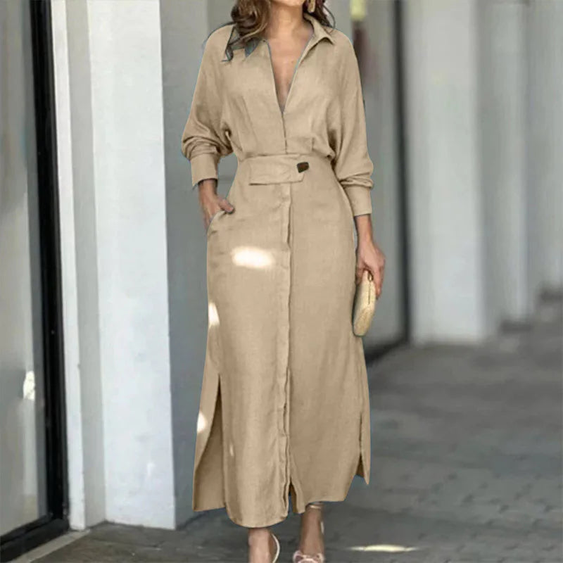 Amytist - Elegancka damska sukienka z długim rękawem i rozcięciem z boku