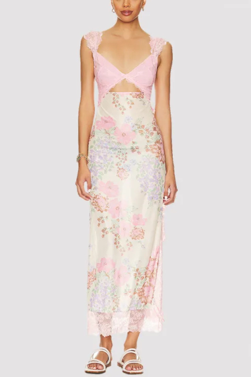 Vionette | Flowers V-neck Koronkowa sukienka na ramiączkach
