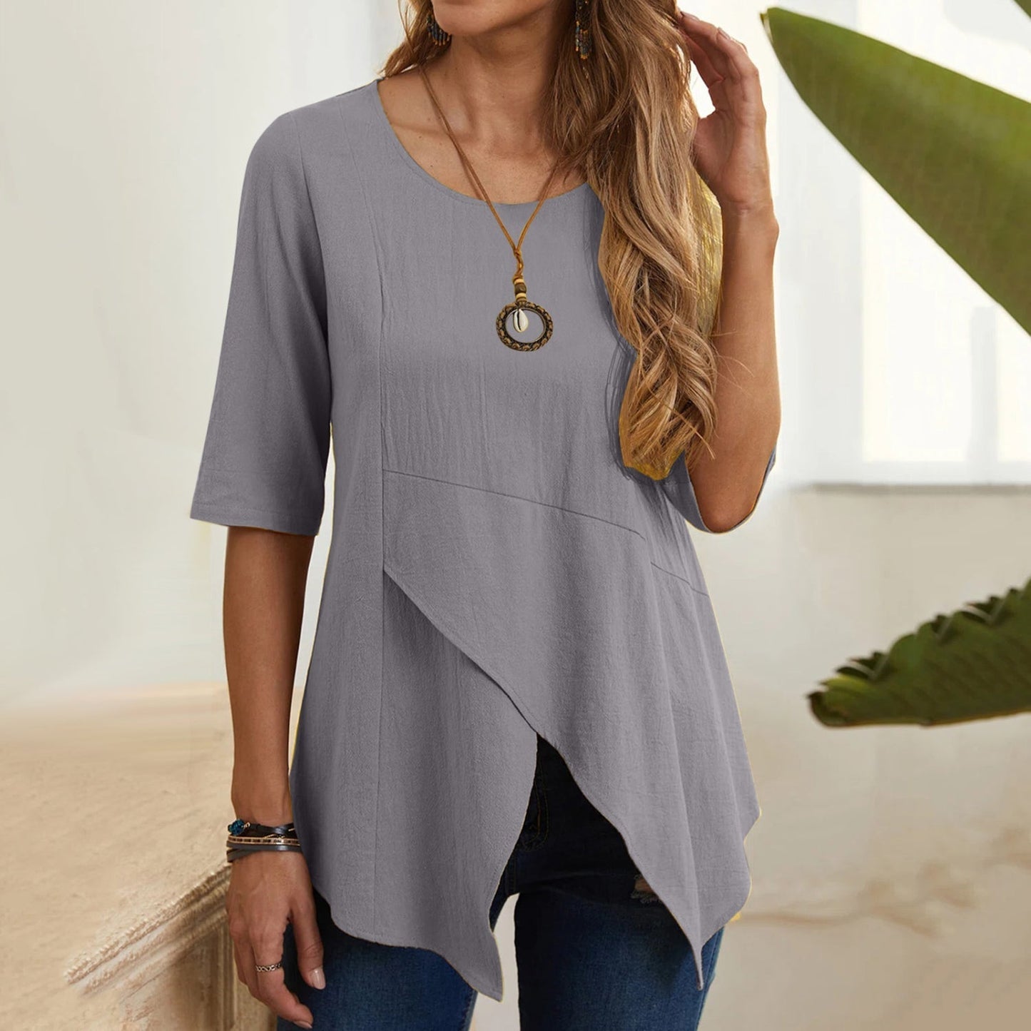 MiaMilana - Bluzka damska z dekoltem o-neck