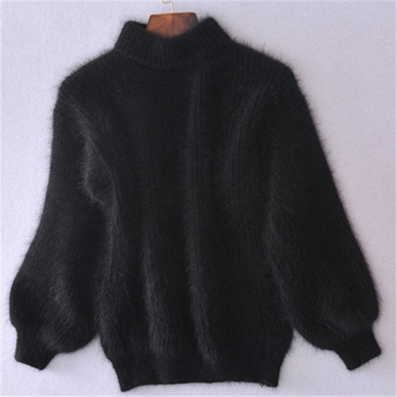 Sweter z dzianiny gładkiej - damski sweter z angory w stylu vintage