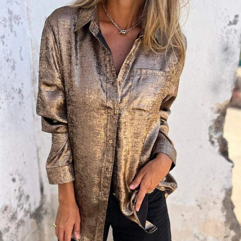 Kurtka - Bluzka damska overshirt - Casual Elegant - Tkanina merceryzowana, kołnierz z klapami, różne kolory - Wiosna/Lato