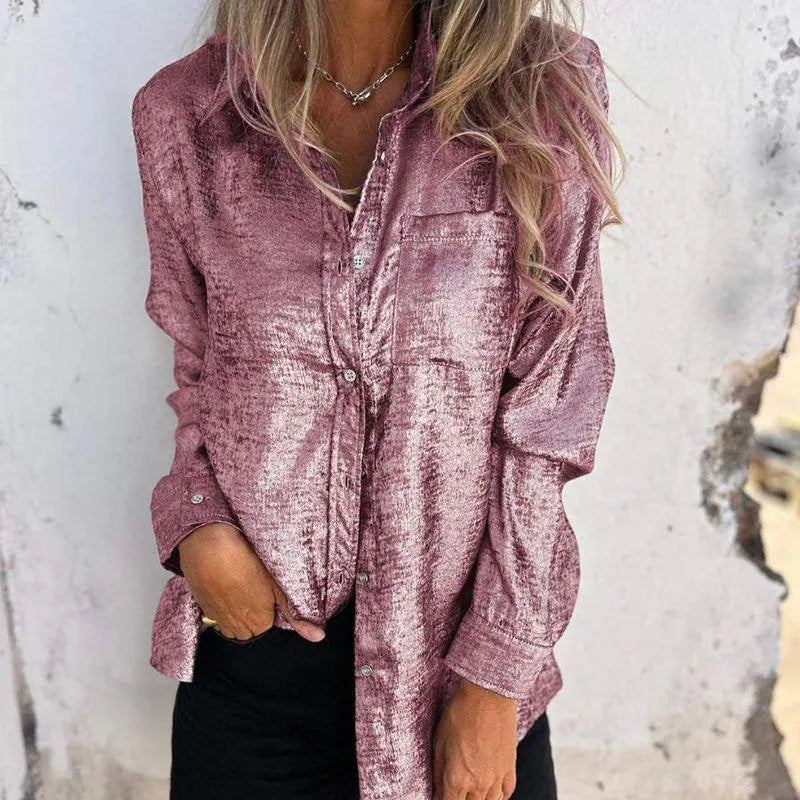 Kurtka - Bluzka damska overshirt - Casual Elegant - Tkanina merceryzowana, kołnierz z klapami, różne kolory - Wiosna/Lato