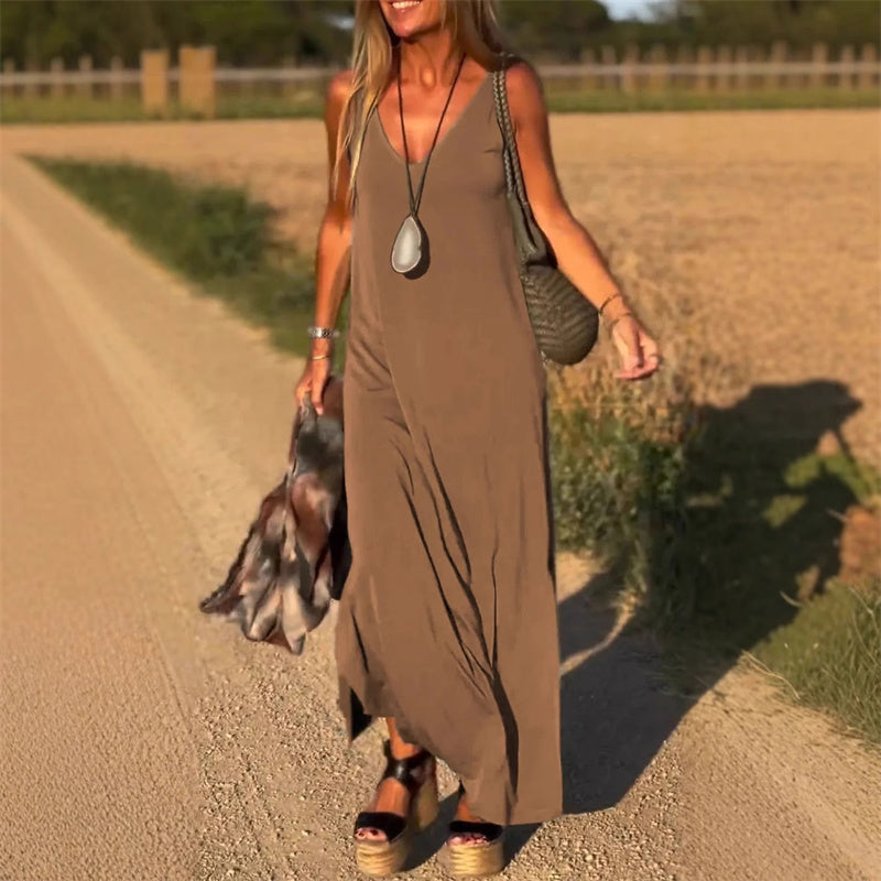 Elegancka sukienka maxi bez rękawów z dekoltem w kształcie litery V