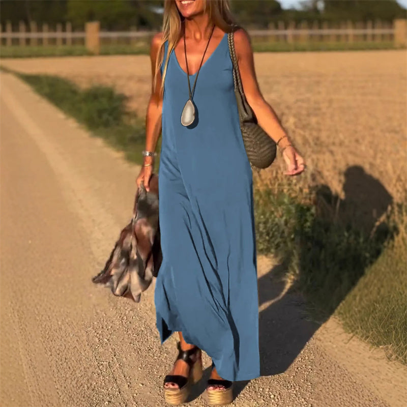 Elegancka sukienka maxi bez rękawów z dekoltem w kształcie litery V