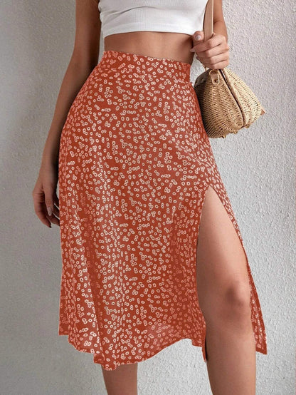 Spódnica midi - kwiatowy nadruk - wysoka talia, eleganckie rozcięcie, przewiewny materiał - idealna na letnie dni