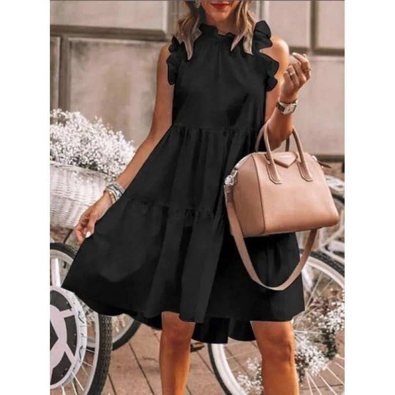 Fashion Słodka, gładka sukienka z mieszanymi falbanami, sukienka o kroju litery A z okrągłym dekoltem