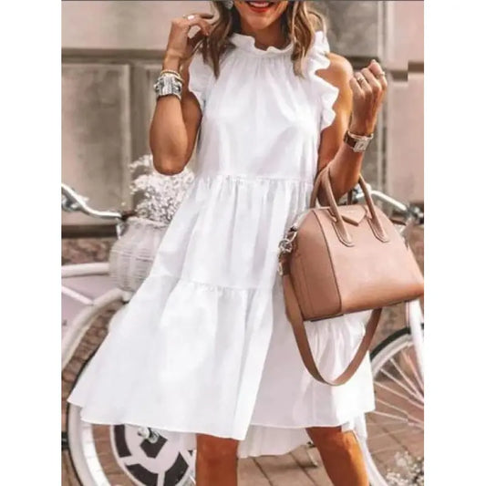Fashion Słodka, gładka sukienka z mieszanymi falbanami, sukienka o kroju litery A z okrągłym dekoltem