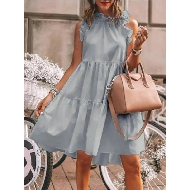 Fashion Słodka, gładka sukienka z mieszanymi falbanami, sukienka o kroju litery A z okrągłym dekoltem