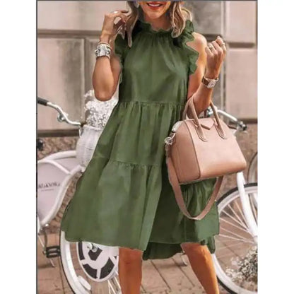 Fashion Słodka, gładka sukienka z mieszanymi falbanami, sukienka o kroju litery A z okrągłym dekoltem