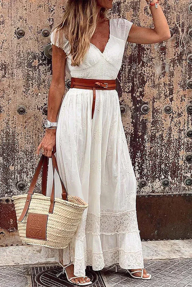 Casual Solid Patchwork V-Neck Waist Sukienka z talią