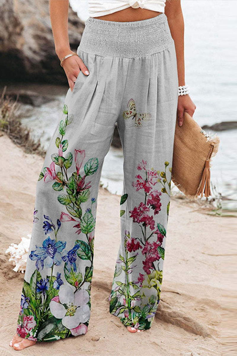 Casual Holiday Print Patchwork Luźne spodnie z szeroką nogawką i wysokim stanem