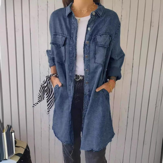 Emma - Damska koszula z kapturem z wygodnego faux denimu