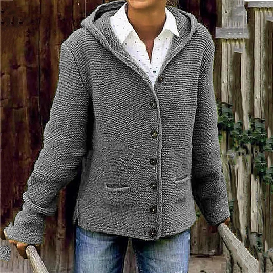 Sweter kardigan w stylu vintage z przytulnym kapturem i dwiema kieszeniami