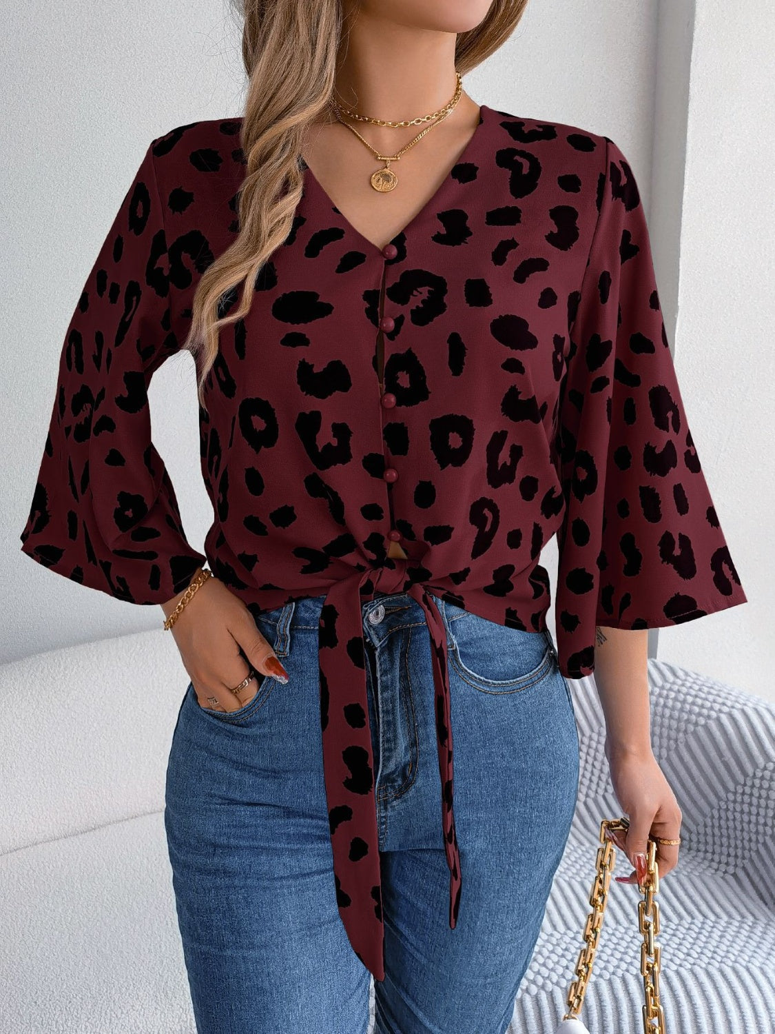 Elena - Stylowa bluzka damska Leopard Button