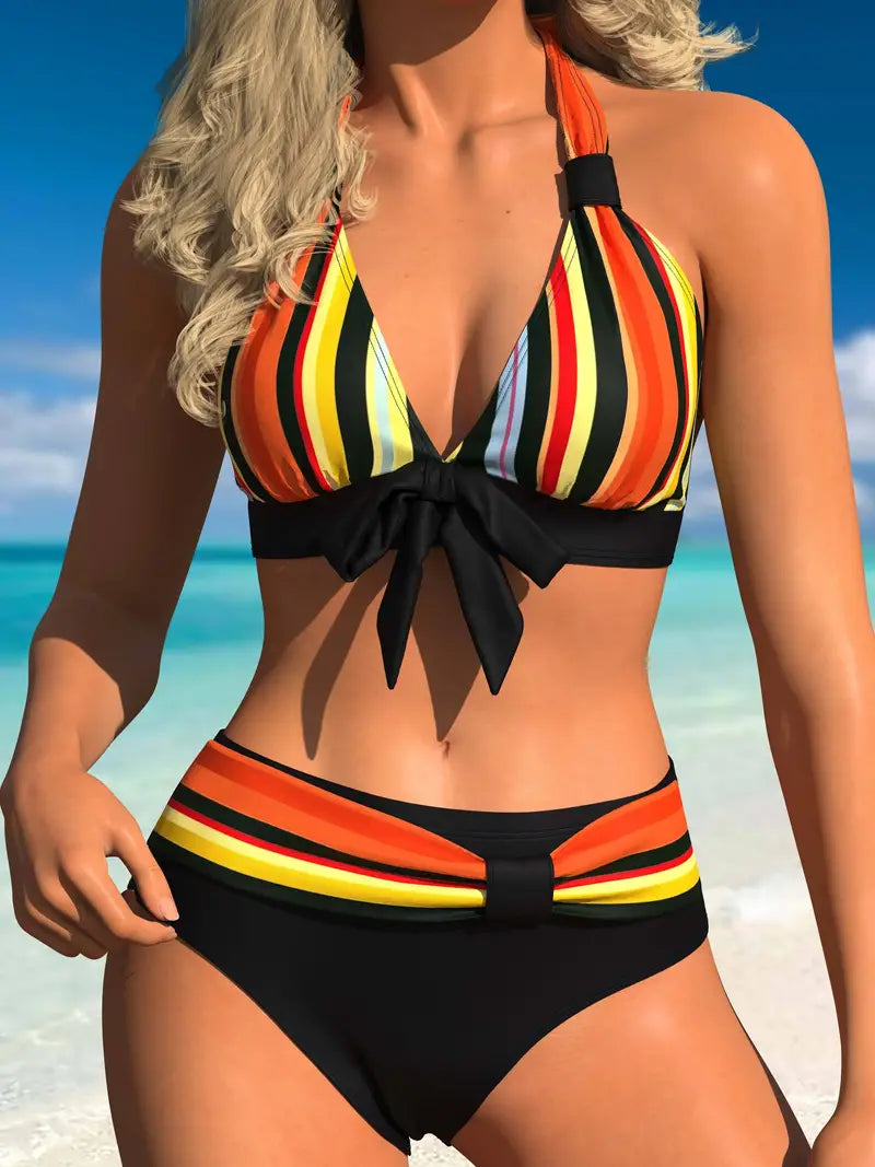 Bikini halter z kolorowym nadrukiem w paski i sznurkiem do wiązania