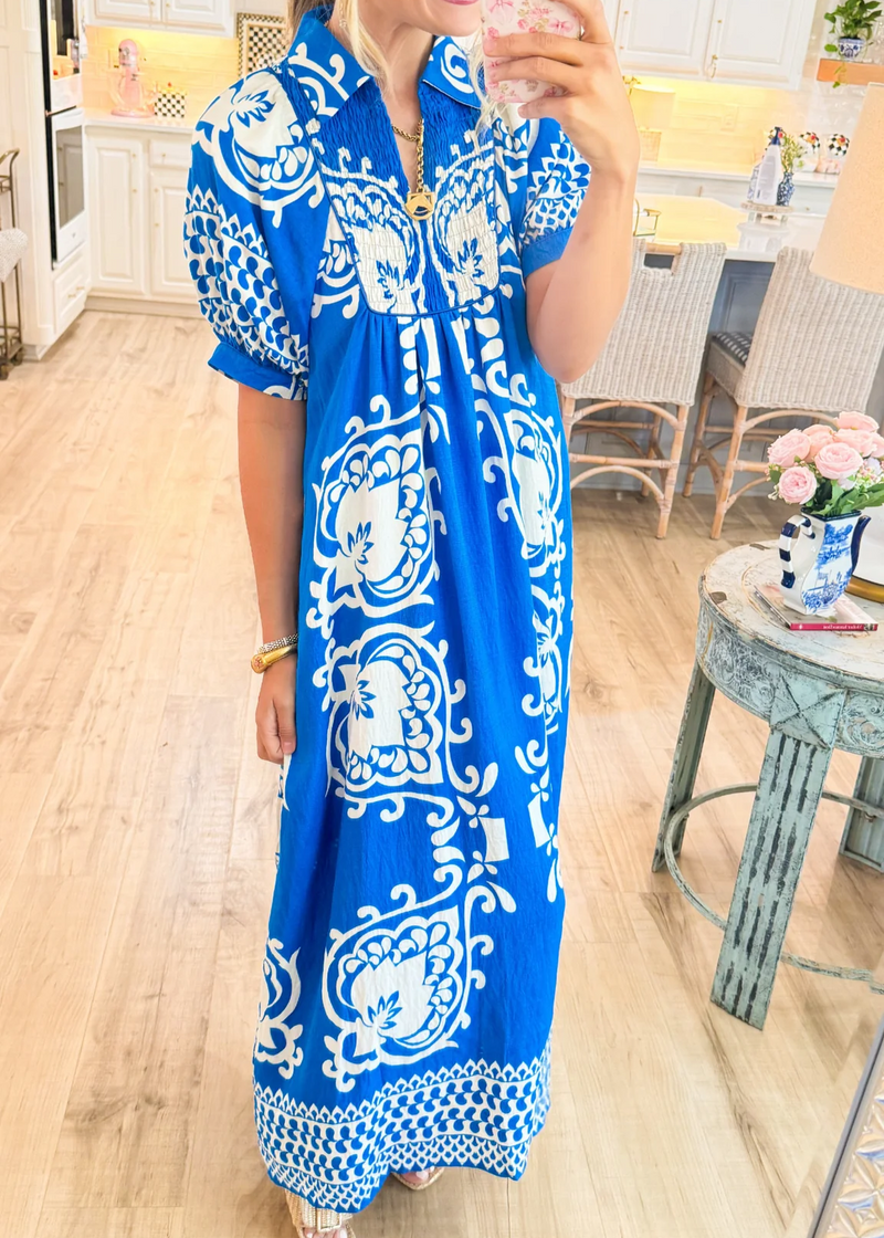 Sukienka midi w stylu boho z bufiastymi rękawami i nadrukiem mix-and-match