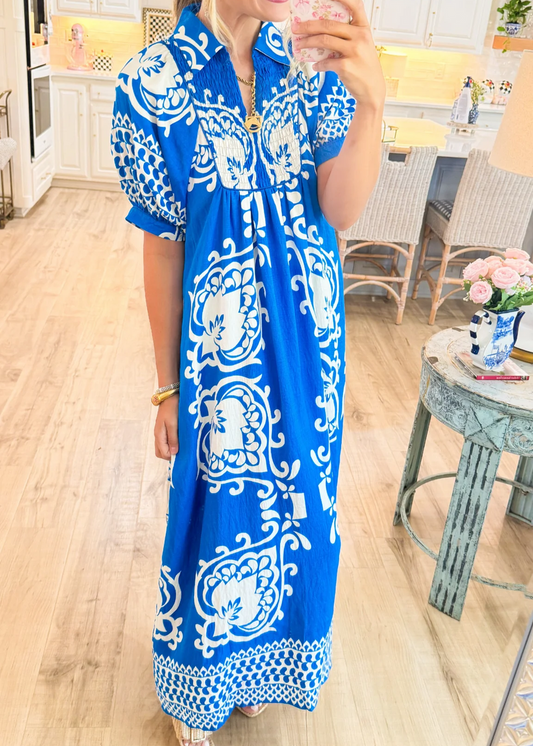 Sukienka midi w stylu boho z bufiastymi rękawami i nadrukiem mix-and-match