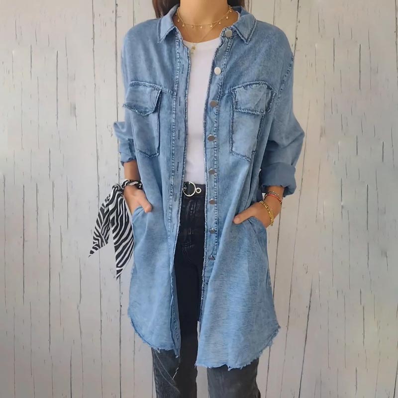 Emma - Damska koszula z kapturem z wygodnego faux denimu