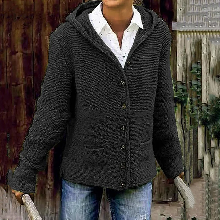 Sweter kardigan w stylu vintage z przytulnym kapturem i dwiema kieszeniami