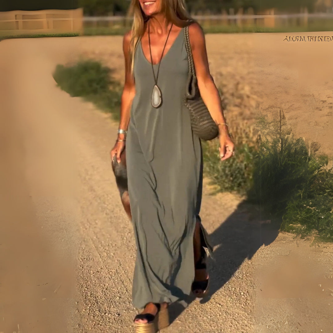 Elegancka sukienka maxi bez rękawów z dekoltem w szpic