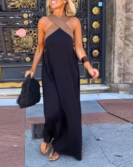 Elegancka sukienka z dekoltem do połowy łydki i modnym krzyżowym kołnierzem