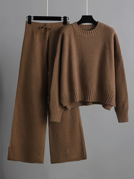 Dzianinowy zestaw damski Spodnie + Sweter | Drop Shoulder - Casual - Jednolite kolory - Sznurek w talii - Szerokie nogawki