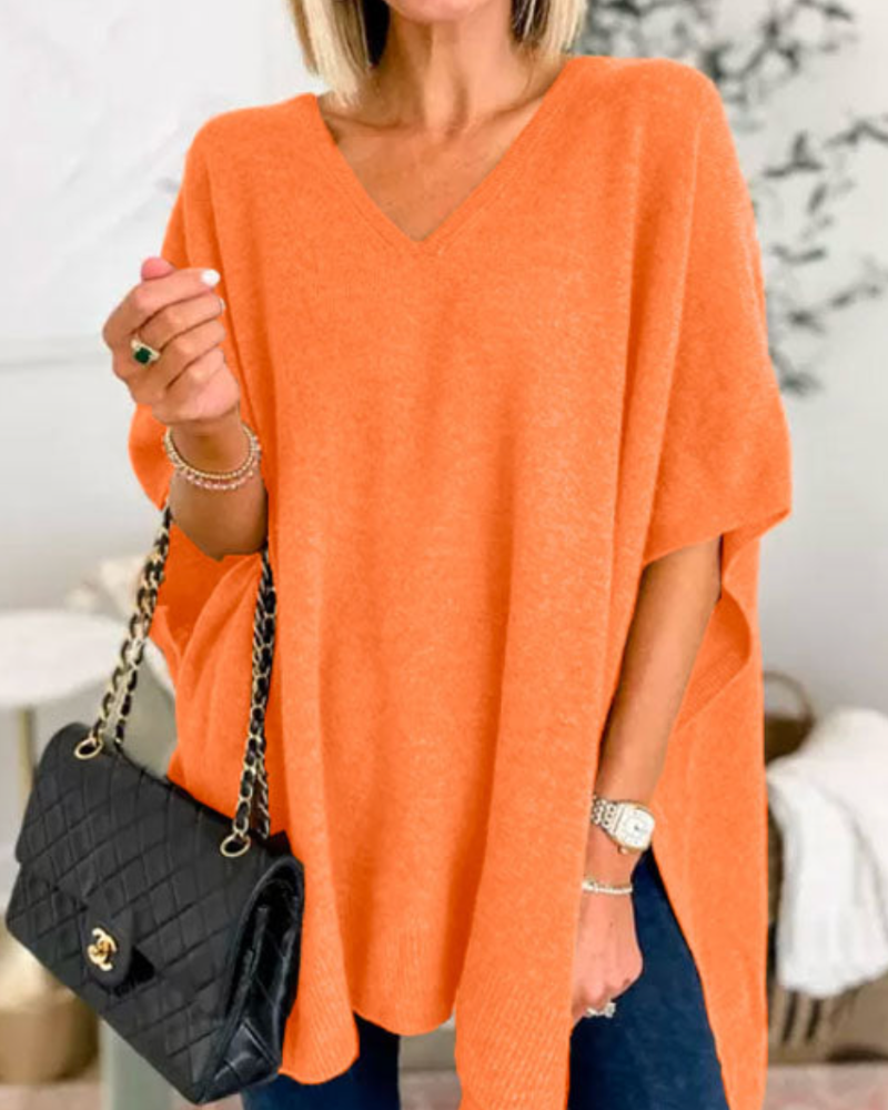 Sweter Adeline Plain Poncho z dekoltem w szpic i luźnym krojem