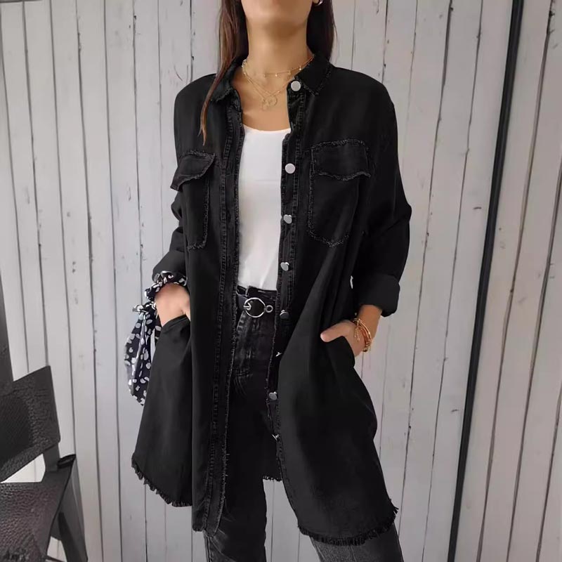 Emma - Damska koszula z kapturem z wygodnego faux denimu