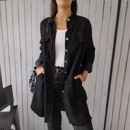 Emma - Damska koszula z kapturem z wygodnego faux denimu