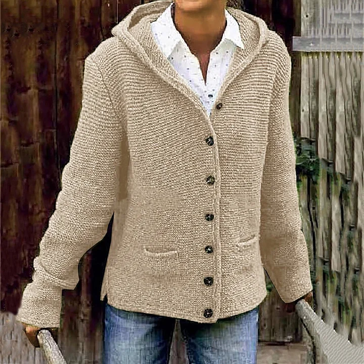 Sweter kardigan w stylu vintage z przytulnym kapturem i dwiema kieszeniami