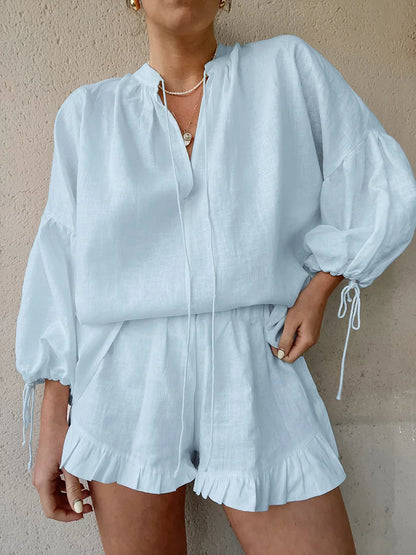 Casual Lantern Sleeve Top Krótkie spodnie Dwuczęściowy zestaw z bawełny i lnu