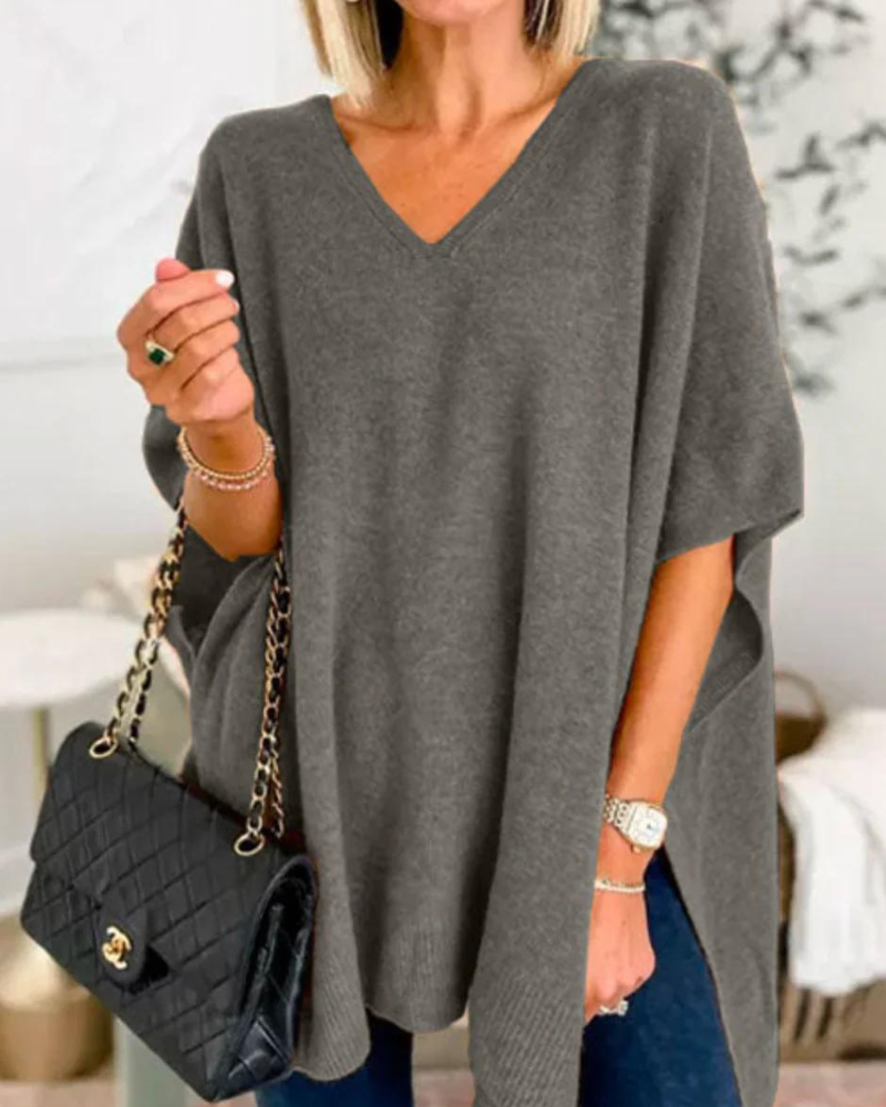 Sweter Adeline Plain Poncho z dekoltem w szpic i luźnym krojem