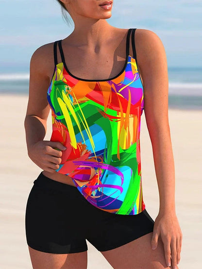 Tankini Plus Size Swimwear bez rękawów z kwiatowym nadrukiem w jasne paski