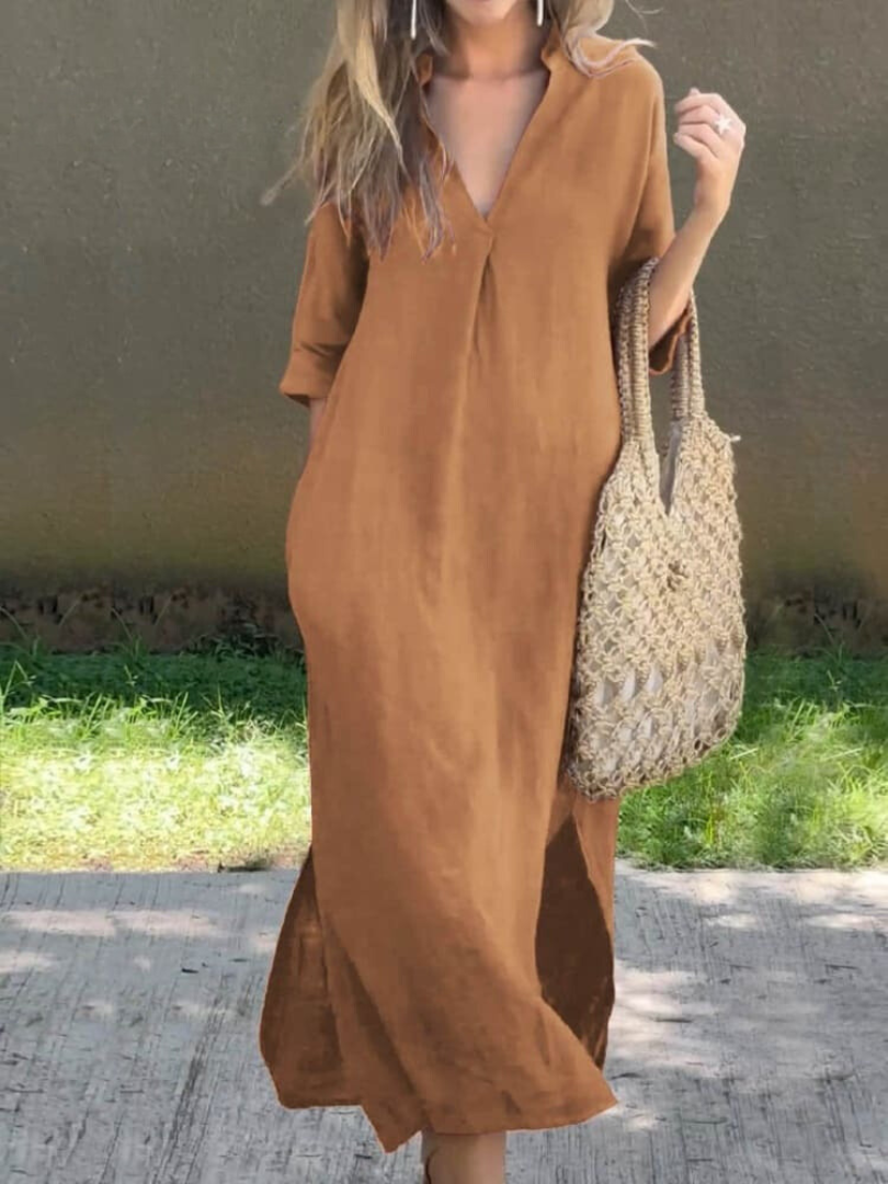 Elegancka sukienka maxi z dekoltem w kształcie litery V i luźnym krojem