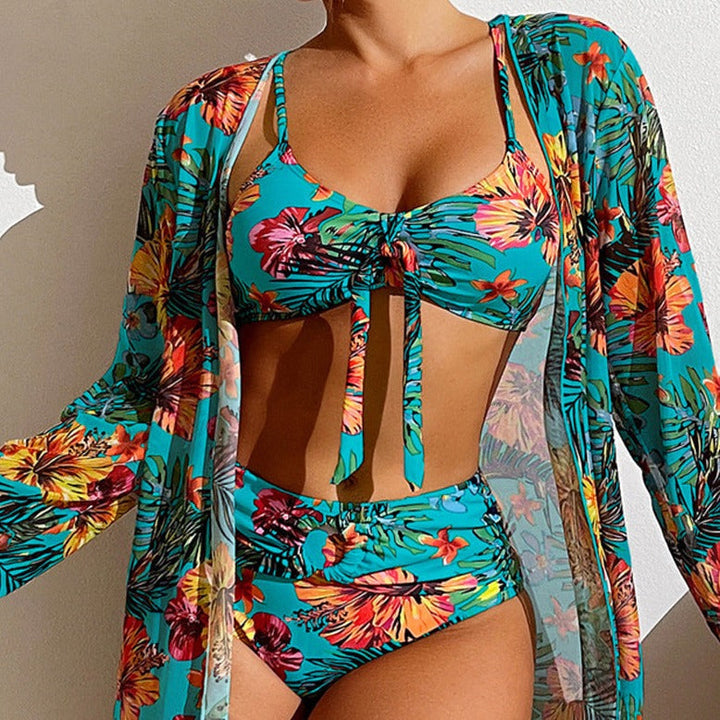 3-częściowe bikini z kwiatami i tuniką