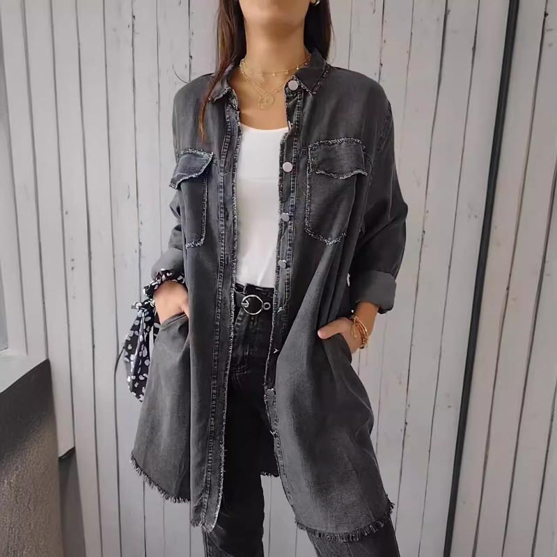 Emma - Damska koszula z kapturem z wygodnego faux denimu