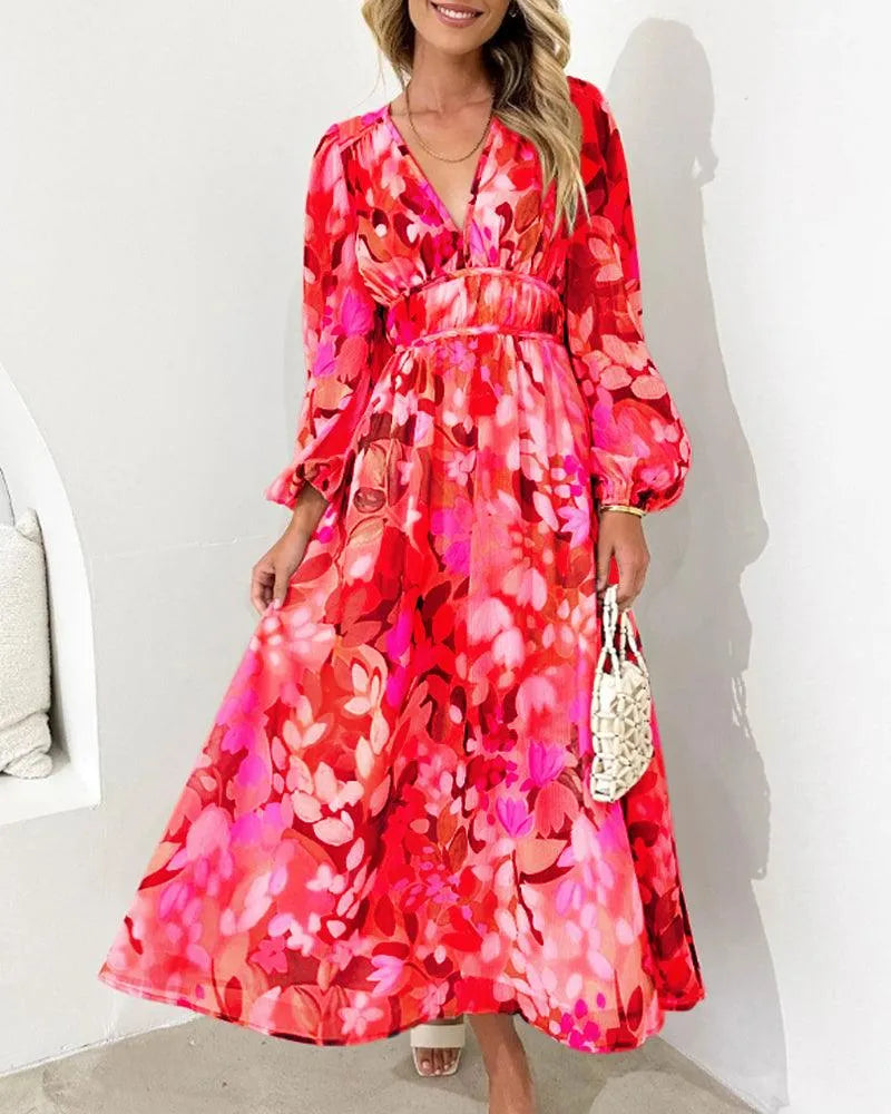 Sukienka maxi - asymetryczna - modny design, wysokie rozcięcie, luźna sylwetka - idealna na letnie wieczory