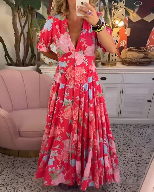 Sukienka z kieszenią V-neck z kwiatowym nadrukiem