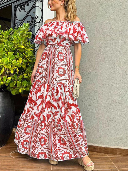 sukienka wiosenna/letnia z dużym dekoltem i nadrukiem w stylu boho